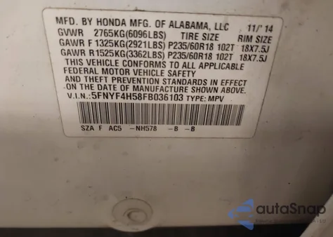 2015 Honda Pilot Ex-L from USA, damaged, VIN 5FNYF4H58FB036103